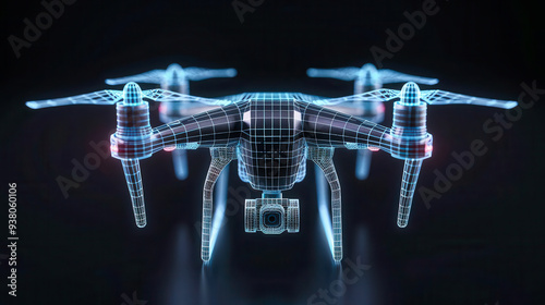 A futuristic drone design featuring a wireframe appearance against a dark background, showcasing advanced technology and innovation.