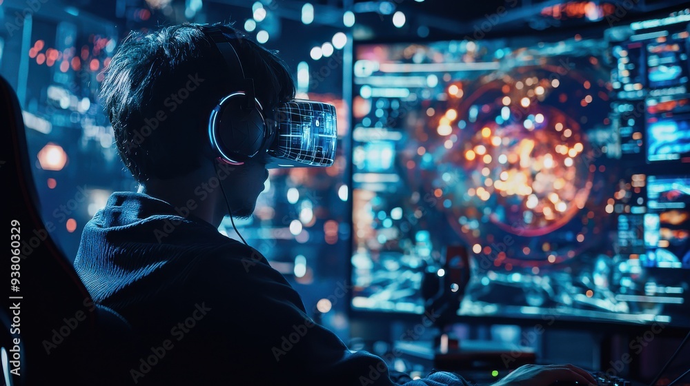 A gamer engages in an immersive experience using AI-powered holographic technology, surrounded by virtual opponents and dynamic environments A gamer engages in an immersive experience using AI-powered holographic technology, surrounded by virtual opponents and dynamic environments