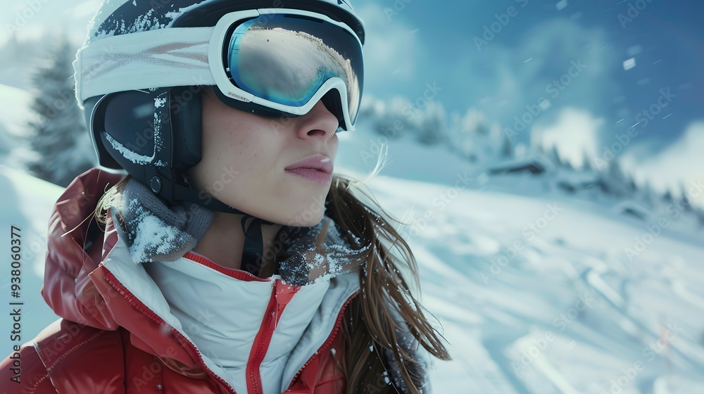 Woman in Skiing Attire: A woman in full skiing attire, including helmet and goggles, on a snowy slope. Woman in Skiing Attire: A woman in full skiing attire, including helmet and goggles, on a snowy slope.