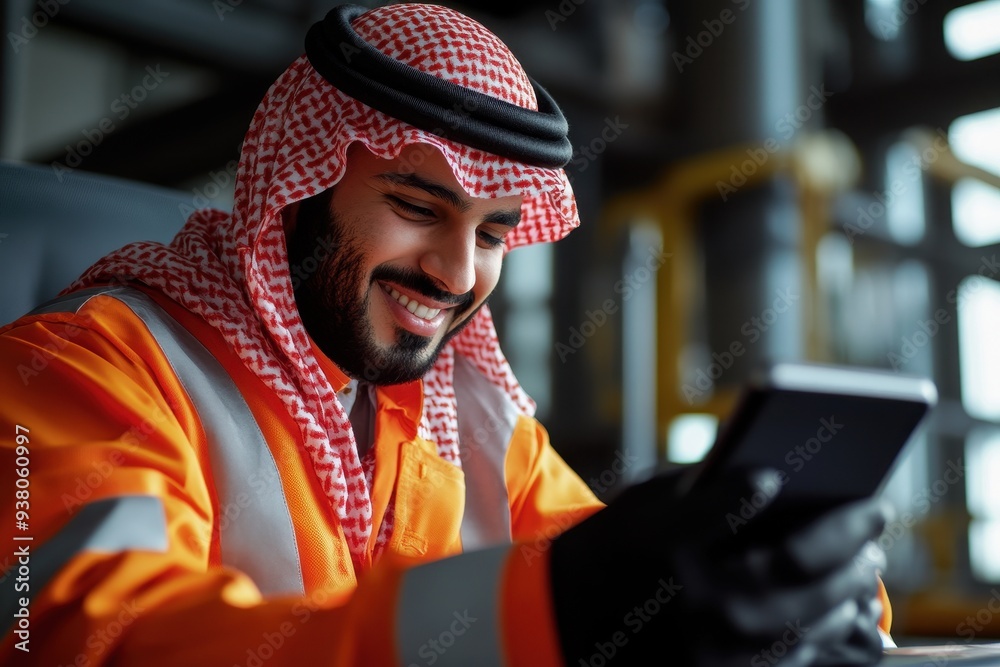 Smiling Man in Keffiyeh and Safety Vest Using Phone Smiling Man in Keffiyeh and Safety Vest Using Phone