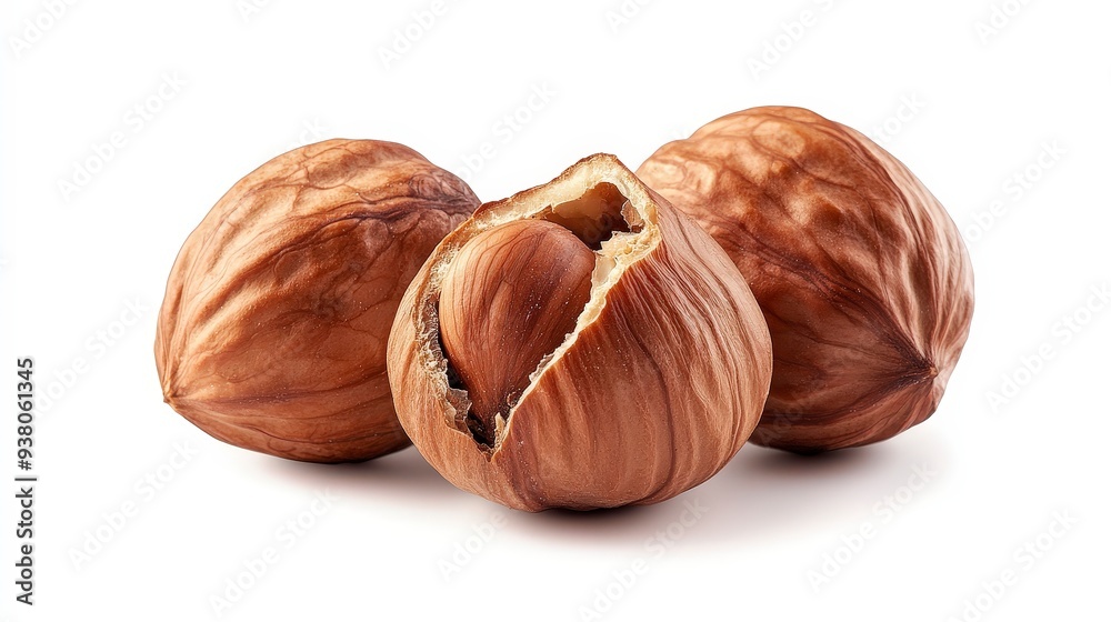 Three hazelnuts, one with shell cracked open, isolated on white background. Three hazelnuts, one with shell cracked open, isolated on white background.