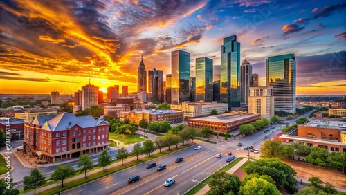 Vibrant sunset casts a warm glow on the modern Fort Worth, Texas, skyline, featuring sleek skyscrapers, bustling streets, and iconic Reata Restaurant's rustic charm.