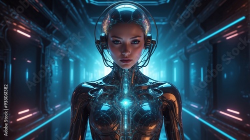 mecha robot scifi woman with tech background