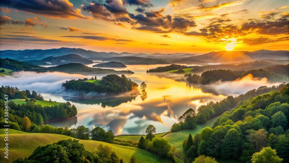 Fototapeta premium Vibrant sunset over rolling hills, lush green forests, and serene lake, captured through a misty veil, exuding tranquility and peacefulness in nature's embrace.