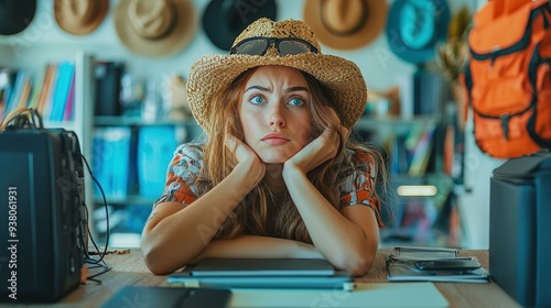 Frustrated Woman Encountering Computer Problems While Planning Trip photo