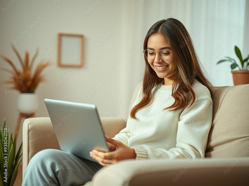 Smiling girl using laptop in pastel-toned minimal room Smiling girl using laptop in pastel-toned minimal room