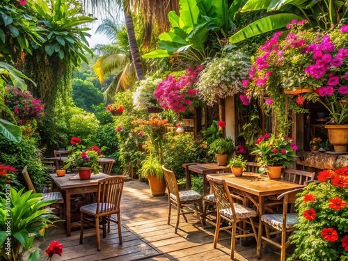 Vibrant tropical plants and flowers adorn a quaint outdoor cafe in Pechchaburi Province, Thailand, creating a serene and inviting atmosphere on a sunny day.