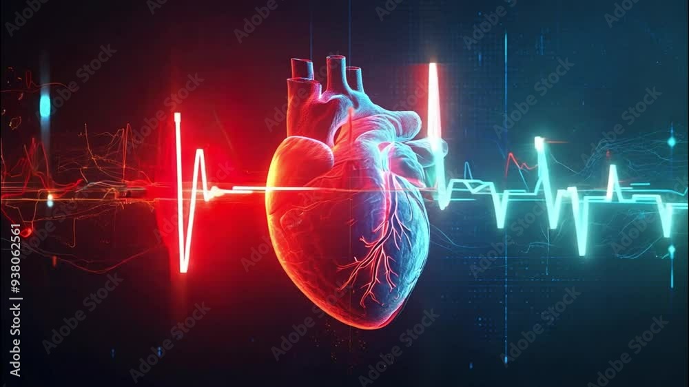Human heart with blue digital red and blue heart pulse line. on dark background with copy space. Heart health, cardiology, cardiovascular disease concept