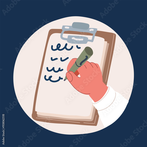Cartoon vector illustration of Notification. Closeup of lady taking cell phone off desktop or laying it down on table