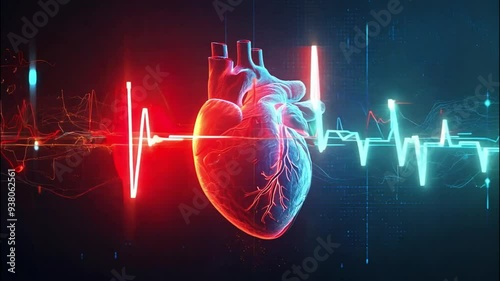 Human heart with blue digital red and blue heart pulse line. on dark background with copy space. Heart health, cardiology, cardiovascular disease concept