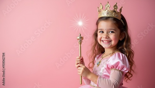 Portrait of a smiling cute little girl in princess costume with dress and crown holding a magical stick on pink background with copy space