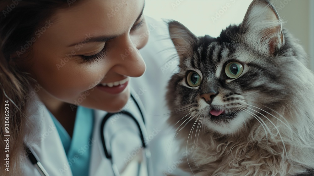 A cat is being examined by a female veterinarian with a stethoscope at a veterinary clinic