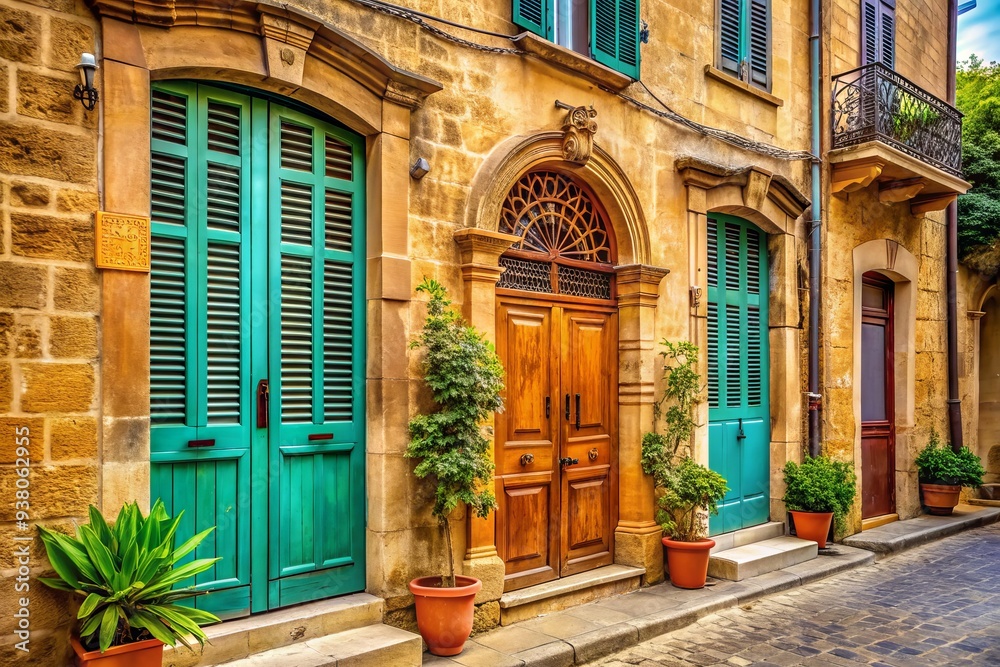 Vibrant worn doors and shutters adorn ancient stone houses in Nicosia, Cyprus, showcasing intricate wrought iron details and rich wooden textures in warm Mediterranean hues. Vibrant worn doors and shutters adorn ancient stone houses in Nicosia, Cyprus, showcasing intricate wrought iron details and rich wooden textures in warm Mediterranean hues.