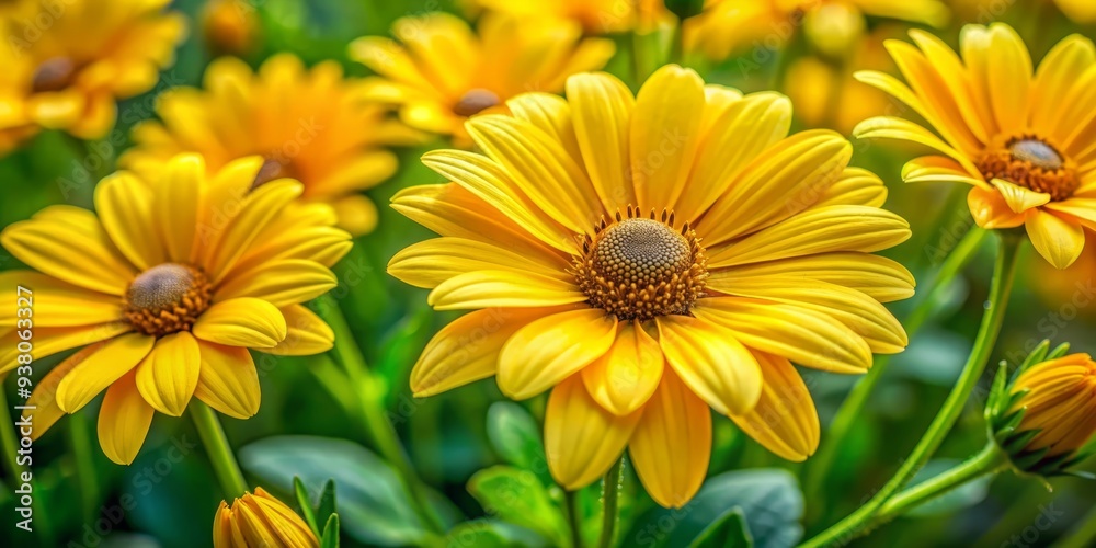 Vibrant yellow daisy blooms against a lush green backdrop, filling the frame with bright, sunny colors, perfect for floral arrangements, gardening, or springtime design themes. Vibrant yellow daisy blooms against a lush green backdrop, filling the frame with bright, sunny colors, perfect for floral arrangements, gardening, or springtime design themes.