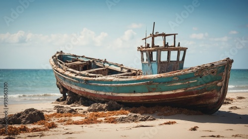 a battered old fishing boat washed up on the beach.