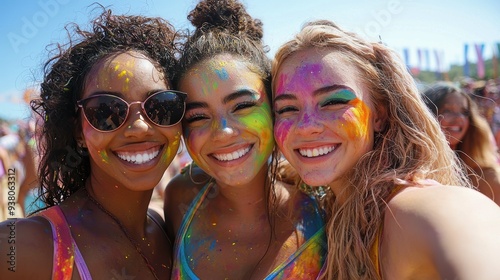 Joyful group selfie of models with rainbow-inspired makeup at a color run event