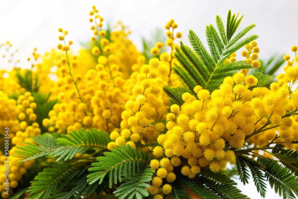 Vibrant yellow mimosa flowers burst with energy in a lush, tightly packed bush, isolated on a crisp white background, evoking feelings of sunny springtime joy. Vibrant yellow mimosa flowers burst with energy in a lush, tightly packed bush, isolated on a crisp white background, evoking feelings of sunny springtime joy.
