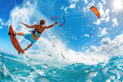 Kiteboarding fitness: Athlete kiteboarding, mid-air trick, waves and wind in background.