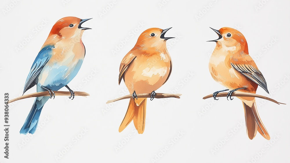 Fototapeta premium Set of thrushes, perched, singing melodiously, isolated, white background, Watercolor style
