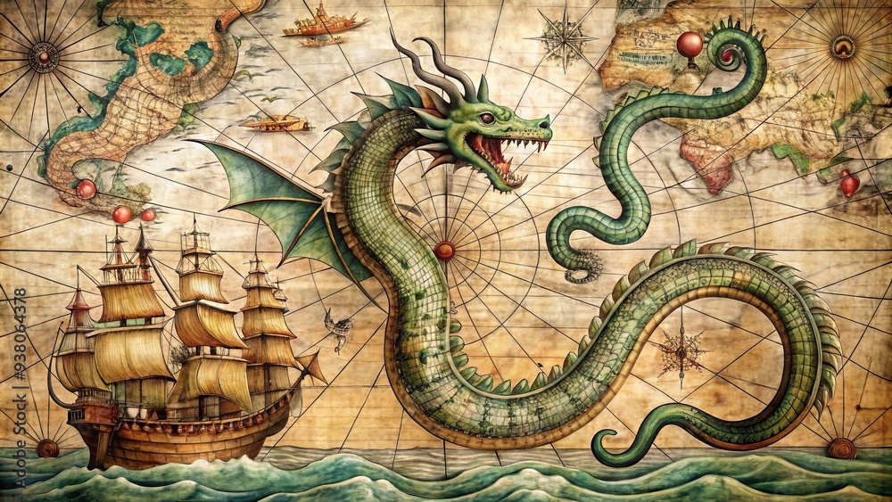 Obraz premium Vintage nautical chart featuring a mythical sea serpent coiled around a 17th-century galleon, surrounded by ornate scrollwork and faded navigational markings.