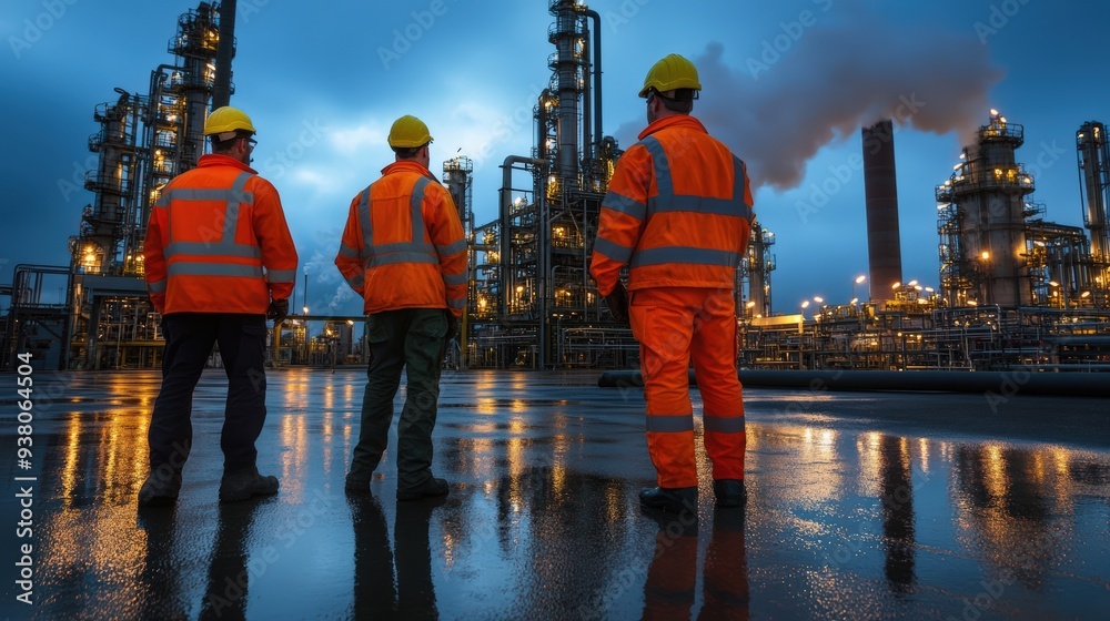 Snowy industrial facility observed by men in safety gear Snowy industrial facility observed by men in safety gear