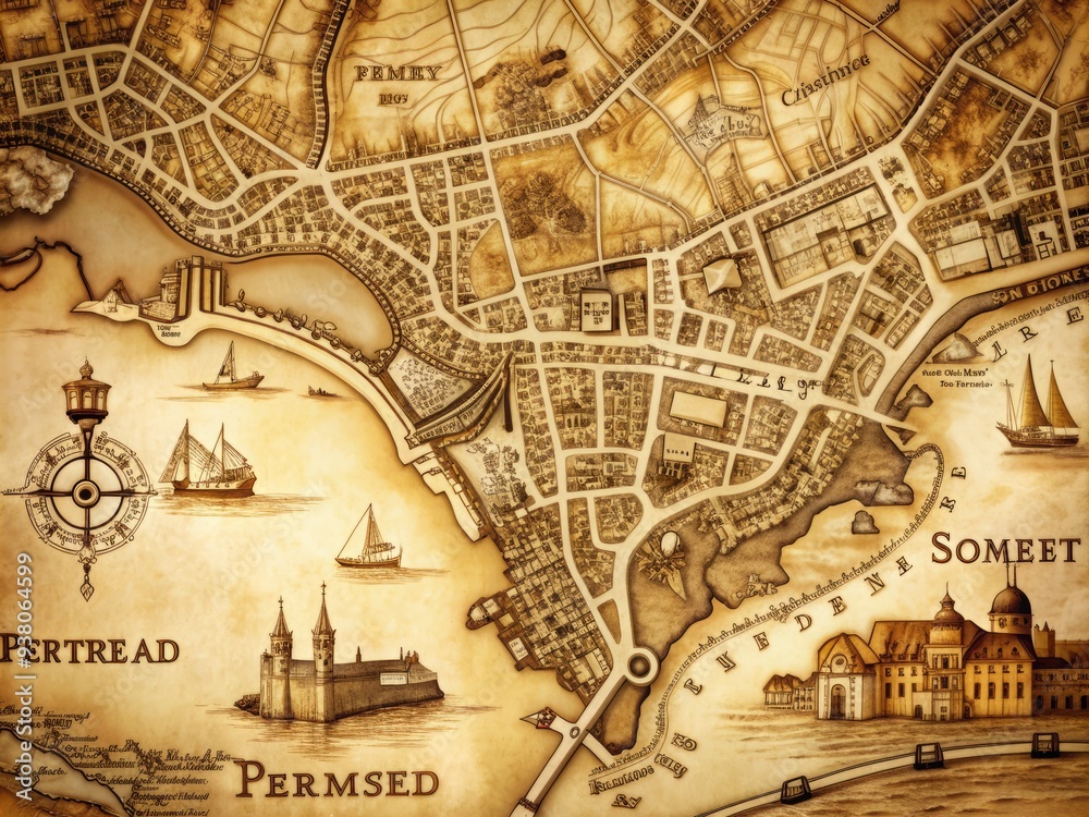 Fototapeta premium Vintage-style sepia-toned map of Portishead, Avon and Somerset, UK, showcasing intricate town details and surroundings in a warm, nostalgic colour palette.