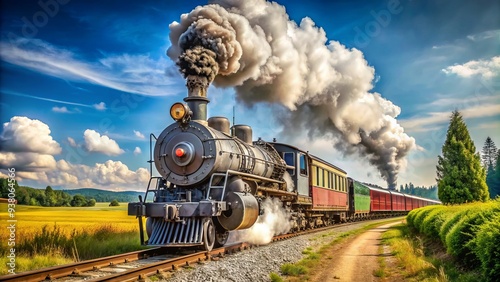 Vintage steam locomotive chugs along rustic railroad tracks, billowing white smoke and steam into the clear blue sky on a nostalgic summer afternoon.