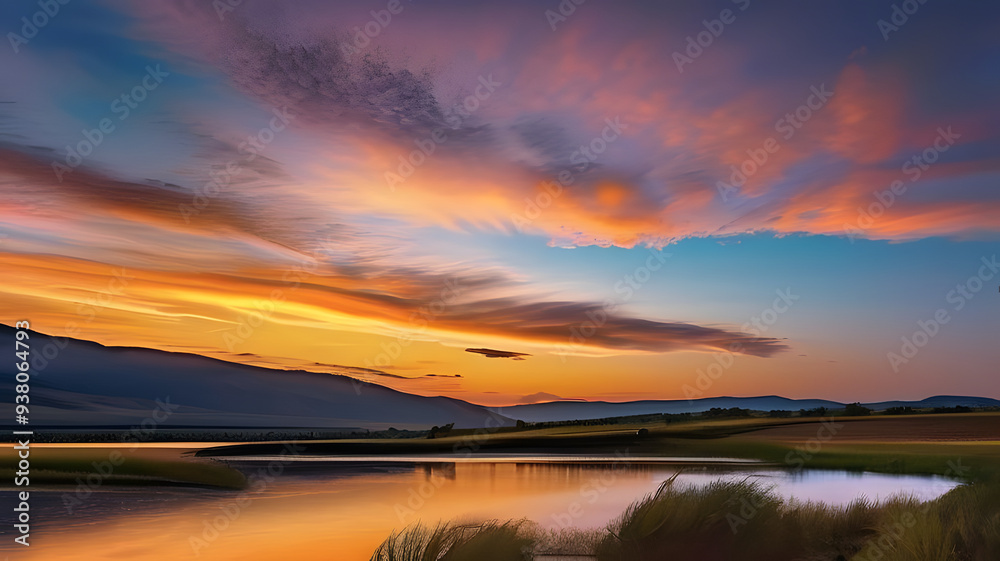 Obraz premium Beautiful sunset over a tranquil lake surrounded by mountains in summer