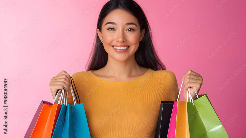 Woman on a bright background holding several paper shopping bags Woman on a bright background holding several paper shopping bags