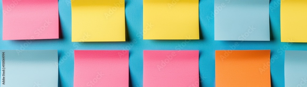 A vibrant array of colorful sticky notes arranged neatly, perfect for organizing thoughts or enhancing creativity in any workspace. A vibrant array of colorful sticky notes arranged neatly, perfect for organizing thoughts or enhancing creativity in any workspace.