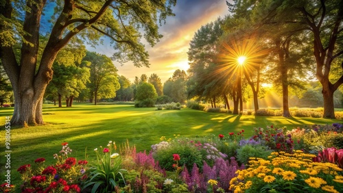 Warm sunlight casts a golden glow on lush green grass, vibrant flowers, and towering trees swaying gently in a serene and peaceful summer atmosphere.