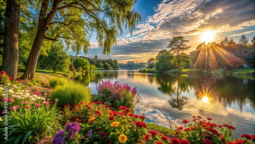 Warm sunlight filters through lush green trees, casting a serene ambiance on a tranquil lake shore, surrounded by vibrant flowers on a lazy summer afternoon.