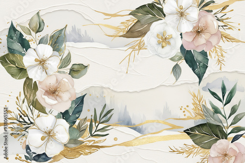 Watercolor floral background in vintage rustic style, colored garden illustration on ivory background, hand painting print with abstract flowers, leaves and plants, design texture. AI generated photo