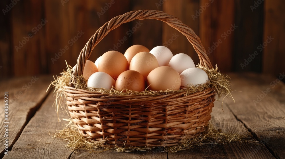 A basket full of fresh eggs from the farm, placed on a rustic wooden table with a scattering of hay. A basket full of fresh eggs from the farm, placed on a rustic wooden table with a scattering of hay.