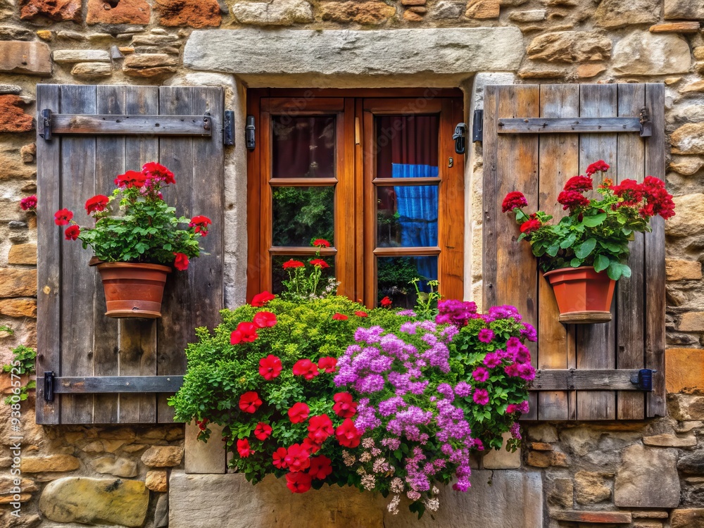 Weathered Alsatian window adorned with vibrant flowers, showcasing intricate ancient stonework, rusted hinges, and worn wooden shutters, evoking a sense of nostalgia and timeless charm. Weathered Alsatian window adorned with vibrant flowers, showcasing intricate ancient stonework, rusted hinges, and worn wooden shutters, evoking a sense of nostalgia and timeless charm.