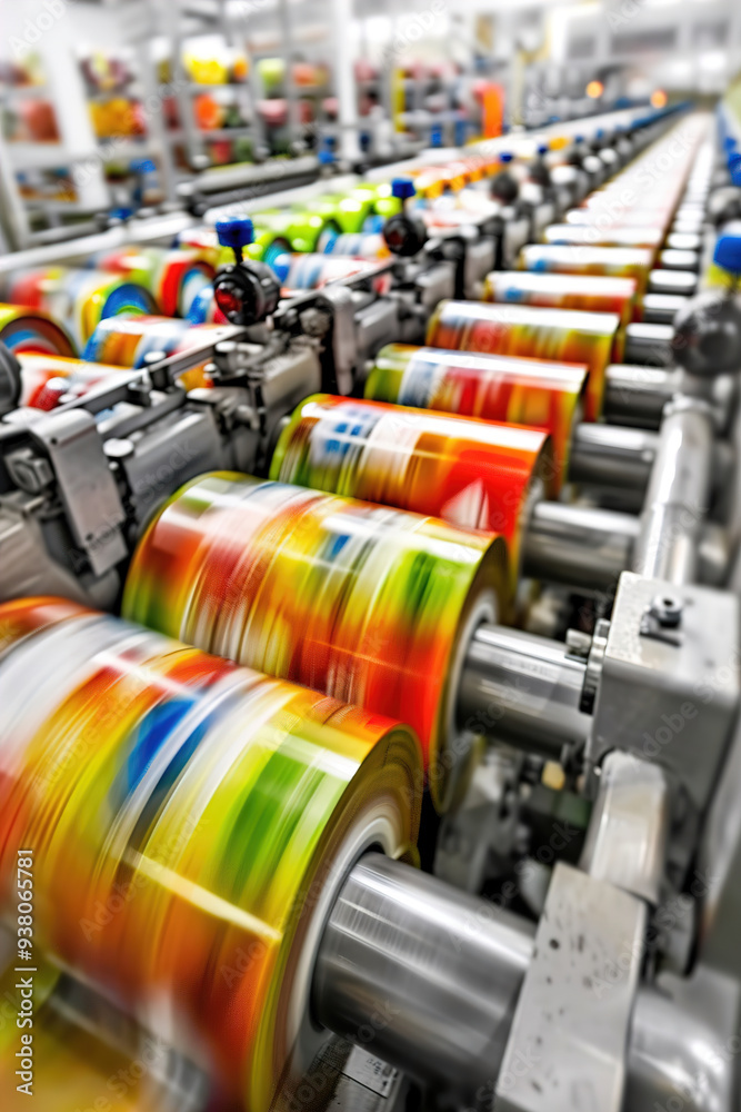 Fototapeta premium Printing press in action, freshly printed pages emerging, vibrant ink colors visible.