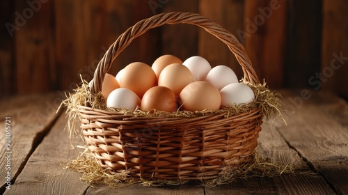 A basket full of fresh eggs from the farm, placed on a rustic wooden table with a scattering of hay.