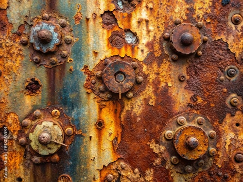 weathered iron surface with intricate patterns of rust, corrosion, and decay, showcasing the rough, aged texture of neglected metal objects and machinery photo