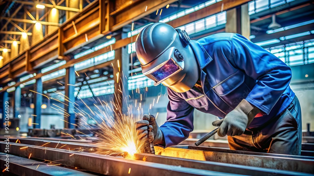 Welding sparks fly as a skilled technician meticulously repairs a cracked steel beam in a machinery factory, ensuring structural integrity and safety. Welding sparks fly as a skilled technician meticulously repairs a cracked steel beam in a machinery factory, ensuring structural integrity and safety.