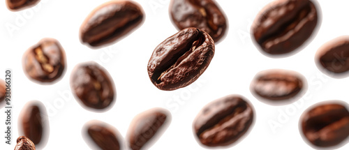 Isolated flying coffee beans on clear PNG background high resolution generative AI