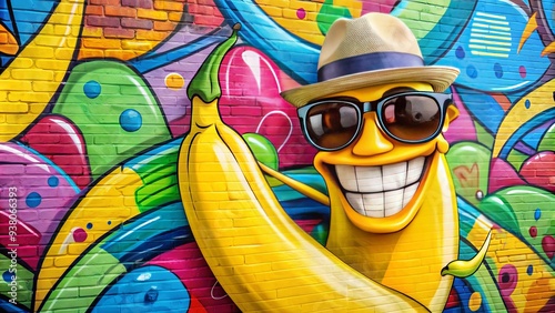 Whimsical illustration of a smiling banana wearing sunglasses and a hat, leaning against a colorful graffiti wall with bold brushstrokes and playful patterns. photo