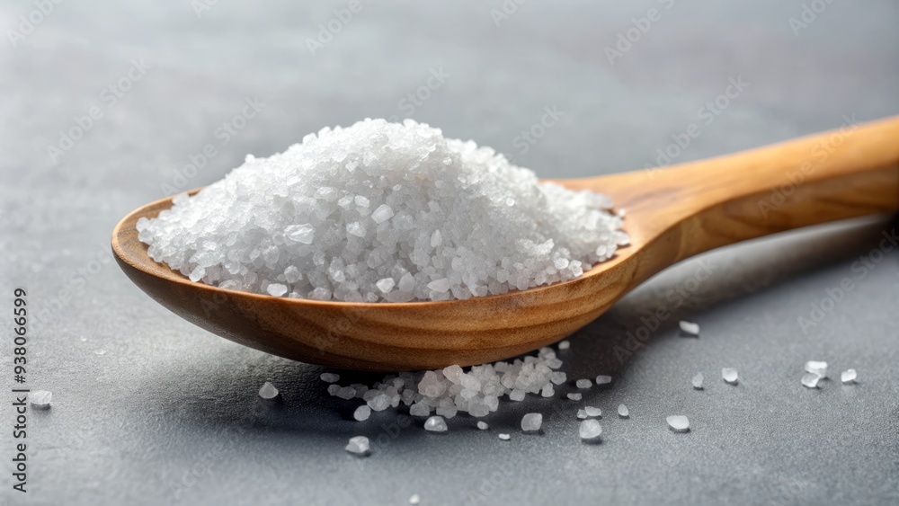 White Crystals Of Magnesium Sulfate In An Upturned Wooden Spoon Over A White And Grey Background