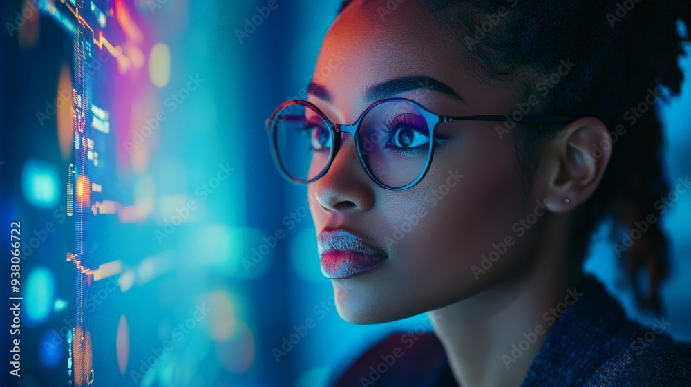 AI cyber security risks. Black female IT specialist analysing artificial intelligence cyberspace threats on computer in dark office data centre. AI cyber security risks. Black female IT specialist analysing artificial intelligence cyberspace threats on computer in dark office data centre.