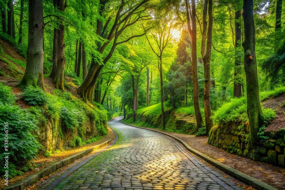 Naklejka premium Winding cobblestone road surrounded by lush green trees and foliage, creating a serene and peaceful atmosphere in a natural forest setting.