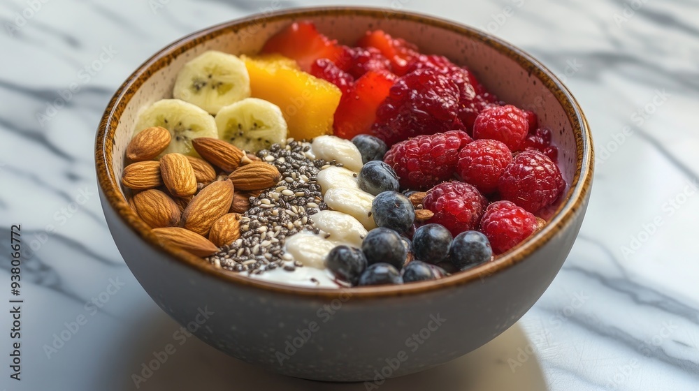 A healthy breakfast bowl topped with various edible seeds, fresh fruits, and nuts, set on a marble surface. A healthy breakfast bowl topped with various edible seeds, fresh fruits, and nuts, set on a marble surface.