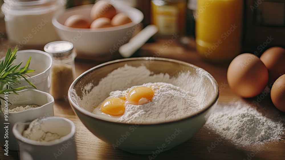 A kitchen scene with freshly cracked eggs in a bowl, surrounded by other ingredients for baking. A kitchen scene with freshly cracked eggs in a bowl, surrounded by other ingredients for baking.