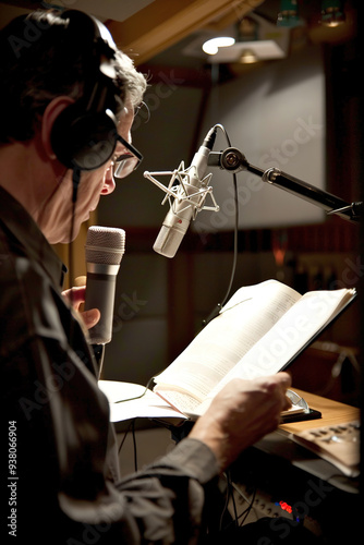 Audio book recording studio, narrator reading into microphone, soundproof room.