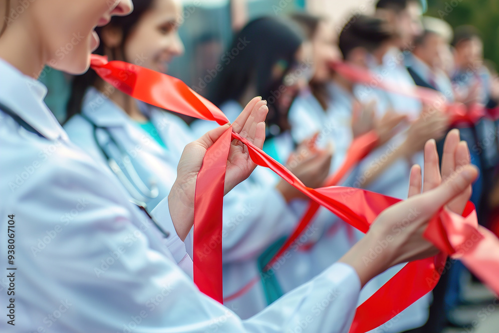 Medical Service Ribbon Ribbon cutting ceremony at hospital entrance, doctors and nurses ...
