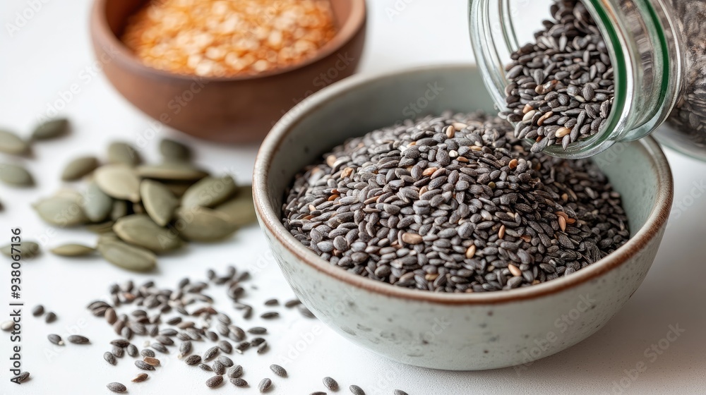 A mix of edible seeds being poured from a jar into a bowl, with other seeds scattered around on a white surface. A mix of edible seeds being poured from a jar into a bowl, with other seeds scattered around on a white surface.
