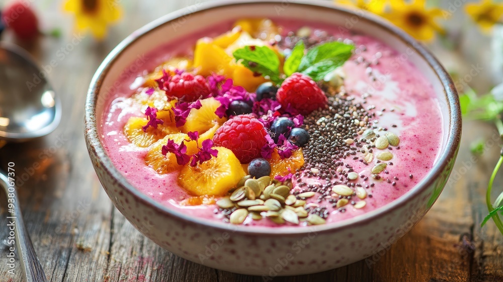 A smoothie bowl topped with colorful fruits and a generous sprinkle of various edible seeds, set on a wooden table. A smoothie bowl topped with colorful fruits and a generous sprinkle of various edible seeds, set on a wooden table.